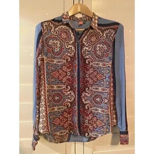 Farm Rio Scarf Shirt Long Sleeve Button Down Shirt Size P S Small Paisley Blouse